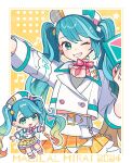  1girl 2024 ;d aqua_hair aqua_nails belt blonde_hair chibi commentary_request copyright_name cropped_jacket dot_nose full_body gradient_hair green_eyes grin hair_between_eyes hat hatsune_miku highres jacket magical_mirai_(vocaloid) magical_mirai_miku magical_mirai_miku_(2024) multicolored_hair musical_note one_eye_closed outline shoes skirt smile socks star_(symbol) tama_(songe) teeth twintails vocaloid white_belt white_hat white_jacket white_outline white_shoes white_socks yellow_skirt 