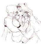  2girls absurdres blush checkered_hairband collared_shirt dress greyscale hair_bun hairband hand_on_another&#039;s_chin highres long_hair long_sleeves monochrome multiple_girls murmew parted_lips reverse:1999 shirt single_side_bun sonetto_(reverse:1999) sweat two_side_up vertin_(reverse:1999) vest yuri 