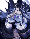  1girl ankle_bow black_bow black_choker black_hair black_pantyhose black_ribbon black_shoes blue_eyes blue_hair bow character_name choker collarbone commentary copyright_name dress from_above hair_bow kimi_to_boku_no_saigo_no_senjou_arui_wa_sekai_ga_hajimaru_seisen kissing_zoa_nebulis_ix layered_dress lolita_fashion long_dress long_hair looking_at_viewer multicolored_hair nekonabe_ao novel_illustration off-shoulder_dress off_shoulder official_art pantyhose ribbon shoes solo stuffed_animal stuffed_toy teddy_bear two-tone_hair very_long_hair 