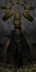  1girl absurdres armor binah_(project_moon) black_armor black_helmet cape cloud cloudy_sky facing_viewer field flower flower_field full_armor gem helmet highres lobotomy_corporation lubban pillar project_moon sky solo storm thunder yellow_cape yellow_flower yellow_gemstone 