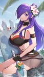  1girl absurdres armband ass bare_arms bare_shoulders between_breasts bikini bikini_skirt black_bikini black_choker black_gloves breasts choker cleavage collarbone commentary cropped female_shez_(fire_emblem) female_shez_(summer)_(fire_emblem) fingerless_gloves fire_emblem fire_emblem:_three_houses fire_emblem_heroes fire_emblem_warriors:_three_hopes flower gloves gonzarez hair_flower hair_ornament hair_over_one_eye half_updo highres holding large_breasts long_hair looking_at_viewer navel official_alternate_costume purple_eyes purple_hair see-through_clothes sitting smile solo stomach surfboard swimsuit thighs very_long_hair whistle whistle_around_neck 