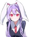  1girl animal_ears artist_name black_jacket blazer blush breasts collared_shirt crescent highres jacket long_hair looking_at_viewer medium_breasts necktie pink_skirt purple_hair rabbit_ears rabbit_girl red_eyes red_necktie reisen_udongein_inaba shirt simple_background skirt smile solo touhou white_shirt yuki6220821 