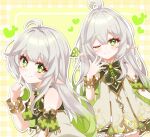  1girl ;) ahoge alternate_hair_length alternate_hairstyle bare_shoulders blush bracelet closed_mouth commentary_request detached_sleeves dress fingernails genshin_impact gold_trim gradient_hair green_eyes green_hair green_sleeves hair_between_eyes hair_ornament hand_up heart highres jewelry leaf_hair_ornament long_hair moco_(moco_8854) multicolored_hair multiple_views nahida_(genshin_impact) one_eye_closed pointy_ears sleeveless sleeveless_dress smile star-shaped_pupils star_(symbol) symbol-shaped_pupils very_long_hair white_dress white_hair 