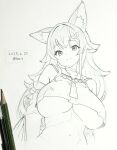  1girl animal_ear_fluff animal_ears breasts collarbone dated graphite_(medium) highres hololive huge_breasts long_hair looking_at_viewer ookami_mio seo_tatsuya sidelocks smile solo traditional_media twitter_username underboob 