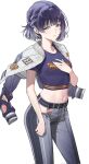  1girl arjent belt braid cropped_shirt gakuen_idolmaster grey_belt grey_pants hair_intakes hand_on_own_chest hataya_misuzu highres idolmaster jacket jacket_on_shoulders looking_at_viewer navel official_alternate_costume open_clothes open_jacket pants parted_lips purple_hair purple_shirt shirt short_hair simple_background solo white_background white_jacket 