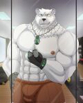 absurd_res anthro bear big_muscles blush blush_lines bottomwear clothed clothing collar gloves gym handwear heterochromia hi_res male mammal mirror mondlight muscular polar_bear shorts solo topless topless_male ursine
