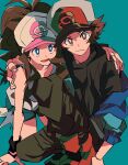  1boy 1girl arm_around_shoulder bad_id bad_pixiv_id baseball_cap black_shirt blue_background blue_eyes blue_jacket brown_eyes brown_hair denim denim_shorts exposed_pocket hat hilbert_(pokemon) hilda_(pokemon) jacket looking_at_viewer pokemon pokemon_bw red_shoes shirt shoes shorts zianazu 