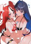  2girls @_@ absurdres animal_ears asymmetrical_docking between_breasts bikini black_hair blue_eyes blue_hair breast_press breasts colored_inner_hair commentary english_commentary hair_intakes hakos_baelz halterneck hana20000920 highres hololive hololive_english kronie_(ouro_kronii) large_breasts long_hair looking_at_viewer mouse_ears mouse_girl mouse_tail mr._squeaks_(hakos_baelz) multi-strapped_bikini_bottom multicolored_hair multiple_girls open_mouth ouro_kronii red_bikini red_hair sharp_teeth simple_background streaked_hair swimsuit tail teeth thigh_strap virtual_youtuber white_background white_hair 