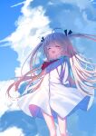  1girl :d ^_^ ahoge arms_behind_back ascot atri atri-my_dear_moments- bird black_ribbon blue_sailor_collar blue_sky blush buttons chinese_commentary closed_eyes cloud cloudy_sky commentary_request cumulonimbus_cloud day dress feet_out_of_frame floating_clothes floating_hair hair_ribbon happy highres long_hair open_mouth outdoors red_ascot red_eyes ribbon sailor_collar sailor_dress sky smile solo standing two_side_up very_long_hair white_dress wind ze_ping45283 