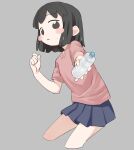  1girl black_eyes black_hair blunt_ends blush bottle commentary_request cropped_legs grey_background gyunre highres looking_at_viewer nose_blush original parted_lips pleated_skirt shirt short_hair short_sleeves skirt solo sweat t-shirt water_bottle 