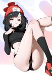  1girl absurdres artist_name beanie black_eyes black_hair black_panties black_socks black_sweater closed_mouth commentary hat highres long_sleeves looking_at_viewer midriff otokakoto panties pokemon pokemon_sm red_hat selene_(pokemon) short_hair sitting smile socks solo sweater underwear 