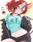  1girl animal_ear_fluff animal_ears black_choker black_hair black_jacket blue_eyes blush breasts choker clothes_writing colored_tips commentary double-parted_bangs english_commentary hair_between_eyes hakos_baelz head_tilt highres hololive hololive_english jacket looking_at_viewer medium_breasts midriff mouse_ears mouse_girl mouse_tail multicolored_hair navel off_shoulder open_clothes open_jacket ponytail red_hair shirt short_hair short_shorts shorts sidelocks sk_jynx solo streaked_hair t-shirt tail virtual_youtuber white_hair 
