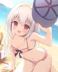  1girl :d arm_support bare_arms bare_shoulders baseball_cap beach bikini blue_sky blush breasts cloud collarbone commentary_request day frilled_bikini frills grey_hair grey_hat hair_between_eyes hairband hat highres holding holding_unworn_clothes holding_unworn_hat horizon inae_koron koi_ni_kanmi_o_soete long_hair looking_at_viewer miyasaka_naco navel outdoors pink_bikini red_eyes sand sky small_breasts smile solo swimsuit unworn_hat unworn_headwear very_long_hair water yellow_hairband 