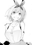  1girl :d archived_source artist_name bad_id bad_twitter_id blush breasts clenched_teeth go-toubun_no_hanayome greyscale grin hair_between_eyes hashtag-only_commentary highres large_breasts looking_at_viewer loose_hair_strand monochrome nakano_yotsuba short_hair simple_background smile solo standing t1kosewad teeth twitter_username upper_body white_background 