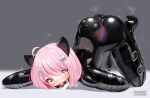  1girl ahoge all_fours anal anal_object_insertion animal_ears ball_gag bitchsuit blush bodysuit butt_plug fake_animal_ears full_body gag gagged grey_background hair_ornament hairclip highres human_dog inflatable_buttplug latex latex_bodysuit looking_at_viewer maguro27 object_insertion original pet_play pink_hair pussy_juice sex_toy shiny_clothes short_hair skin_tight solo toe_scrunch trembling vaginal vaginal_object_insertion variant_set x-ray yellow_eyes 