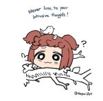  1girl :3 ? animal_on_head artist_name bird bird_on_head borrowed_character branch brown_hair disembodied_head double_bun dullahan english_text enne_(porforever) hair_bun hepari on_head original short_hair simple_background smile solo spot_color stuck twitter_username white_background 