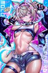  1girl absurdres animal_ear_fluff animal_ears bare_shoulders black_gloves black_jacket black_shorts blonde_hair blue_background blue_eyes breasts chibi chibi_inset claw_pose cropped_jacket cropped_shirt day-0 dog_ears dog_girl dog_tail fake_horns fingerless_gloves fuwawa_abyssgard gloves hairband highres hololive hololive_english horns jacket mococo_abyssgard multicolored_hair navel off_shoulder open_clothes open_jacket pink_hair pink_hairband shirt short_hair shorts small_breasts solo spiked_hairband spikes streaked_hair tail two-tone_hair two_side_up virtual_youtuber white_shirt 