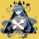  1girl ? absurdres belt black_background black_belt blue_capelet blue_eyes blue_hair border buttons capelet collared_shirt crossed_arms earrings english_commentary facial_mark gold_hairband grey_shirt hair_ornament hairband hands_up headpiece higa423 highres hime_cut holding holding_polearm holding_weapon jewelry key_earrings long_hair looking_at_viewer low-tied_long_hair michigami_nareko open_mouth outside_border polearm shirt sign simple_background smile solo spoken_question_mark striped_capelet touhou triangle triangle_facial_mark upper_body wavy_hair weapon yellow_border 