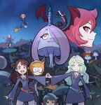  amanda_o&#039;neill barbara_parker belt black_hair blonde_hair blue_belt blue_eyes blue_headband bow braid broom broom_riding brown_hair castle constanze_amalie_von_braunschbank-albrechtsberger diana_cavendish dragon freckles glasses grass green_belt green_eyes green_ribbon hanna_england headband highres holding_hands jasminka_antonenko kagari_atsuko little_witch_academia long_hair looking_at_viewer lotsalalalas luna_nova_school_uniform multiple_girls night orange_hair ponytail red_belt red_bow red_eyes red_hair ribbon school_uniform shiny_chariot short_hair smile sucy_manbavaran twin_braids witch yellow_bow 