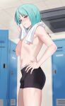  1boy absurdres androgynous aqua_hair artist_name black_male_underwear blue_eyes blush boxer_briefs bulge cleo_the_navigator_(vtuber) closed_mouth commentary cowboy_shot hand_on_own_hip highres indie_virtual_youtuber locker locker_room male_focus male_underwear print_male_underwear short_hair standing steaming_body topless_male towel towel_around_neck trap underwear underwear_only vent_(object) virtual_youtuber w4pz 