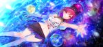  1girl alternate_costume bikini black_bikini breasts chain cleavage closed_mouth clothes_writing commentary_request crop_top earth_(ornament) game_cg gold_chain heart hecatia_lapislazuli looking_at_viewer medium_hair miyuki_ruria moon_(ornament) multicolored_skirt navel official_art partially_submerged reaching reaching_towards_viewer red_eyes red_hair sarong see-through_clothes see-through_shirt shirt short_sleeves skirt smile solo stomach swimsuit third-party_source touhou touhou_gensou_eclipse underworld_(ornament) water wet 