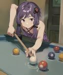  1girl ball bare_arms bare_shoulders billiard_ball closed_mouth commentary_request criss-cross_halter cue_stick door dress hair_ornament halterneck highres holding indoors lamb_(hitsujiniku) leaning_forward long_hair pool_table purple_dress purple_eyes purple_hair solo table vocaloid voiceroid yuzuki_yukari 