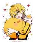  1boy :d animal animal_hug baby_animal bird bishounen black_jacket blonde_hair chick confetti cropped_legs fang hair_between_eyes hair_ornament hairpin happy_birthday head_rest highres holding holding_animal hood hood_basket hood_down jacket looking_at_viewer male_focus open_clothes open_jacket original osr_00_osr oversized_animal pale_skin short_hair simple_background skin_fang smile solo upper_body white_background white_hood x_hair_ornament yellow_sleeves 