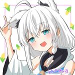 1girl :d ahoge animal_ear_fluff animal_ears arm_up bare_shoulders blue_eyes braid commentary detached_sleeves fox_ears hand_on_own_ear head_tilt highres hololive kiritoma long_hair long_sleeves looking_at_viewer shirakami_fubuki shirakami_fubuki_(1st_costume) signature single_ear_down smile solo upper_body virtual_youtuber white_background white_hair white_sleeves wide_sleeves 