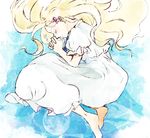  barefoot blue_background closed_eyes dress flower frilled_sleeves frills from_side hair_flower hair_ornament hands_clasped long_hair marnie nimu_(farbmischung) omoide_no_marnie own_hands_together puffy_short_sleeves puffy_sleeves short_sleeves smile solo white_dress 