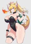  1girl bare_shoulders black_collar black_leotard black_nails blonde_hair blue_eyes bowsette bracelet breasts cleavage collar covered_navel earrings fingernails fire grey_background highres horns jewelry kamidan large_breasts leotard lizard_tail looking_at_viewer mario_(series) medium_hair nail_polish new_super_mario_bros._u_deluxe pointy_ears sharp_teeth simple_background smile solo sphere_earrings spiked_bracelet spiked_collar spikes strapless strapless_leotard super_crown tail teeth thick_thighs thigh_strap thighs white_horns 