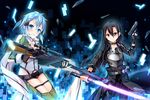  1girl anti-materiel_rifle armor blue_eyes blue_hair brown_eyes brown_hair energy_sword five-seven_(gun) grandia_bing gun handgun kirito kirito_(sao-ggo) pgm_hecate_ii pistol rifle sinon sniper_rifle sword sword_art_online weapon 