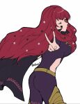  1girl ass black_cape bodysuit breasts cape cleavage clothing_cutout facial_mark fire_emblem fire_emblem_engage gold_belt hair_ornament highres long_hair looking_at_viewer medium_breasts multicolored_cape oda32t one_eye_closed purple_bodysuit red_eyes red_hair side_cutout simple_background smile solo star_(symbol) star_facial_mark star_hair_ornament two-tone_cape v white_background yunaka_(fire_emblem) 