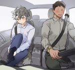  2boys animal_ears ass black_socks blue_pants car collared_shirt dog_boy dog_ears dog_tail driving english_commentary erection from_behind grabbing_another&#039;s_ass grey_hair groping highres itsme_takk kneehighs large_penis leg_up long_sleeves male_focus motor_vehicle multiple_boys open_mouth original pants penis seatbelt shirt short_hair sitting socks steering_wheel sweat sweatdrop tail vehicle_interior watch wristwatch yaoi yellow_eyes 