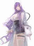  1girl arm_cannon ashi_(dongshi389) breasts coat decepticon genderswap genderswap_(mtf) highres humanization long_hair looking_at_viewer one-eyed purple_hair shockwave_(transformers) solo transformers transformers:_generation_1 weapon white_background yellow_eyes 