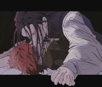  2boys black_hair closed_eyes felix_hugo_fraldarius fingernails fire_emblem fire_emblem:_three_houses garreg_mach_monastery_uniform hair_down highres interlocked_fingers jacket kiss lapels letterboxed long_hair lying lying_on_person male_focus multiple_boys notched_lapels on_back open_clothes open_jacket red_hair rendaaa_fe school_uniform sylvain_jose_gautier yaoi 
