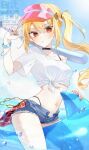  1girl absurdres alternate_costume baseball_bat bikini_under_shorts black_choker blonde_hair breasts choker commentary_request denim denim_shorts highres holding holding_baseball_bat jujube_2513 long_hair luciana_de_montefio medium_breasts midriff navel ocean red_eyes shirt shorts side_ponytail solo tied_shirt unbuttoned visor_cap white_shirt zenless_zone_zero 