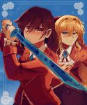  2girls ascot blonde_hair bow brown_hair buttons claire_francois diamond_button flower hair_between_eyes holding holding_sword holding_wand holding_weapon jacket long_hair looking_at_viewer multiple_girls outside_border rae_taylor red_bow red_jacket rose sadscruffy short_hair sword translucent wand watashi_no_oshi_wa_akuyaku_reijou weapon white_ascot white_flower white_rose 