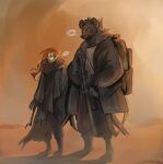 anthro backpack clothing coat desert duo female frown gun hair human hyena infezmite long_hair male male/female mammal portuguese_text ranged_weapon red_hair rifles spotted_hyena text topwear weapon worried