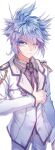  1girl blue_eyes blue_hair closed_mouth gradient_eyes gradient_hair highres jueshitangmen light_smile long_sleeves multicolored_eyes multicolored_hair necktie one_eye_closed pants pink_hair school_uniform short_hair simple_background standing thick_eyelashes thumbs_up tomboy wangdong_(jueshitangmen) 