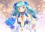  1boy 1girl blue_flower blue_rose bouquet breasts cleavage closed_mouth commentary_request commission detached_sleeves dress flower glitch_stars green_hair heart holding holding_bouquet kou_hiyoyo large_breasts long_hair long_sleeves looking_at_viewer majokko_meimi out_of_frame puffy_long_sleeves puffy_sleeves purple_eyes rose see-through_clothes smile solo_focus twintails veil vgen_commission virtual_youtuber white_dress white_sleeves 