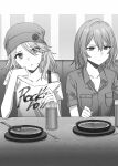  2girls absurdres bare_arms bare_shoulders beanie breast_pocket character_request closed_mouth collared_shirt commentary_request eyes_visible_through_hair food frown greyscale hair_between_eyes hand_up hat head_tilt highres indoors kohinata_iroha_(imouuzai) medium_hair monochrome multiple_girls novel_illustration off-shoulder_shirt off_shoulder official_art parted_lips pocket second-party_source shirt short_sleeves sitting spoon tomari_(veryberry00) tomodachi_no_imouto_ga_ore_ni_dake_uzai wing_collar 
