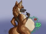 4:3 aafox196 anthro anthro_pred belly big_belly bodily_fluids bodily_noises butt canid canine canis ciro_(aafox196) different_sound_effects digestion digestion_noises digital_media_(artwork) fatal_vore fur hi_res looking_at_viewer male mammal maned_wolf nude onomatopoeia oral_vore rumbling_stomach simple_background smile soft_vore solo sound_effects tail teasing teasing_viewer teeth text tongue vore watermark willing_prey wolf