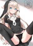  1girl arm_support armpits arms_behind_head black_dress black_panties black_thighhighs black_veil blonde_hair blue_eyes covered_navel cross dress hair_between_eyes indie_virtual_youtuber lace-trimmed_panties lace_trim legs long_hair looking_at_viewer nun original panties parted_lips short_sleeves smile solo spread_legs thighhighs traditional_nun uchuuneko uchuuneko_(vtuber) underwear veil 