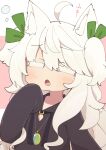  1girl :o ahoge animal_ear_fluff animal_ears black_hoodie blush closed_eyes colored_eyelashes commentary_request drawstring fang glint green_ribbon hair_ribbon hand_up highres hood hood_down hoodie jewelry long_hair long_sleeves open_mouth original pendant pink_background ribbon saisoku_no_yukkuri sleeves_past_fingers sleeves_past_wrists solo translation_request two-tone_background two_side_up very_long_hair white_background white_hair 
