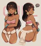  1girl ass breasts chel_(el_dorado) commentary dark-skinned_female dark_skin earrings english_commentary glint highres jewelry large_breasts long_hair looking_at_viewer looking_back multiple_views nail_polish navel pink_nails sitting smile standing strapless the_road_to_el_dorado touyarokii tube_top 