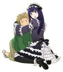  2boys black_hair blonde_hair blush caught crossdressing crossdressing_(mtf) dress frilled_dress frills gloves goth_fashion gothic_lolita high_heels hug lipstick lolita_fashion long_hair makeup moyashimon multiple_boys ribbon sasaki_(crouton) sawaki_souemon_tadayasu seiza simple_background sitting thighhighs trap yuuki_kei 