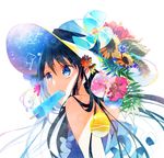  balloon bare_shoulders black_hair blue_dress blue_eyes dress eating fish flower food hat hibiscus highres long_hair omutatsu original pinwheel popsicle solo sun_hat sunflower 