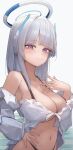  1girl absurdres alternate_costume bare_shoulders bikini bikini_under_clothes black_bikini blue_archive blunt_bangs blush breasts cleavage closed_mouth collarbone halo highleg highleg_bikini highres jun_daniell large_breasts long_hair long_sleeves looking_at_viewer mechanical_halo navel noa_(blue_archive) open_clothes outdoors purple_eyes simple_background smile solo stomach straight_hair sweatdrop swimsuit upper_body 