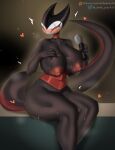 18_(artist) anthro areola arthropod big_breasts black_body blush bodily_fluids breasts dominant dominant_female female first_person_view grimmchild_(hollow_knight) hi_res hollow_knight huge_breasts humanoid looking_at_viewer mind_control nipple_dip nipples nude pheromones red_areola red_nipples smile solo tail team_cherry
