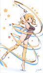  1girl absurdres adapted_costume armpit_focus armpits ballet_slippers black_leotard blonde_hair blush breasts drill_hair elbow_gloves gloves half-soles highleg highleg_leotard highres holding_ribbon_baton large_breasts leotard long_hair looking_at_viewer mahou_shoujo_madoka_magica mahou_shoujo_madoka_magica_(anime) ribbon ribbon_baton sideboob smile solo standing standing_on_one_leg strapless striped_clothes striped_thighhighs thighhighs tomoe_mami turtleneck twin_drills twintails vertical-striped_clothes vertical-striped_thighhighs yanmaami yellow_eyes 